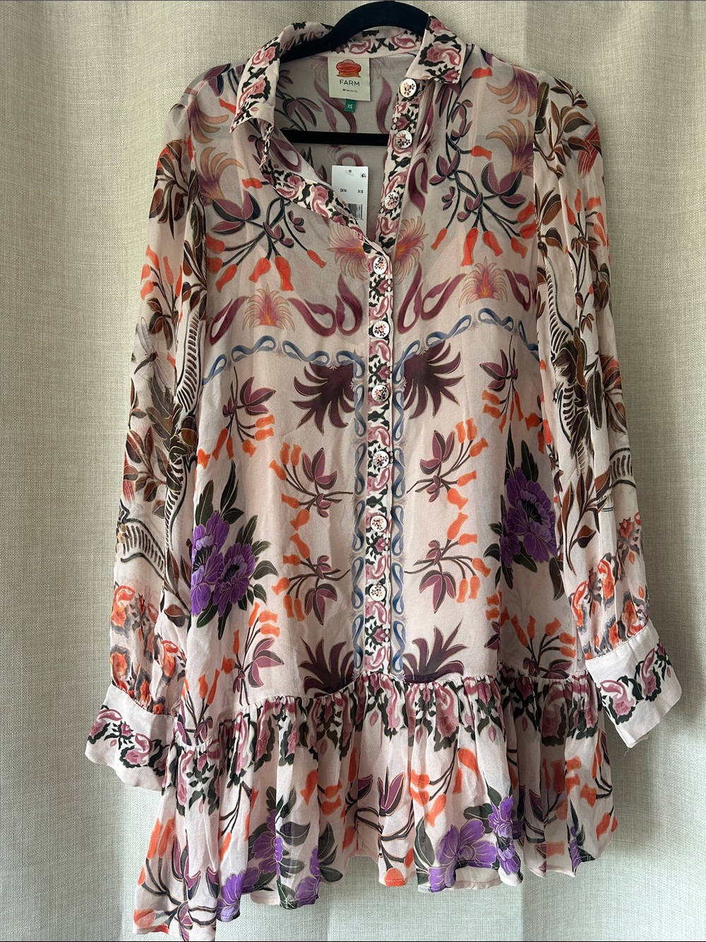 FARM Rio Pink Floral Ruffle-Tier Dress with Purple & Orange Accents Sz XS NWT